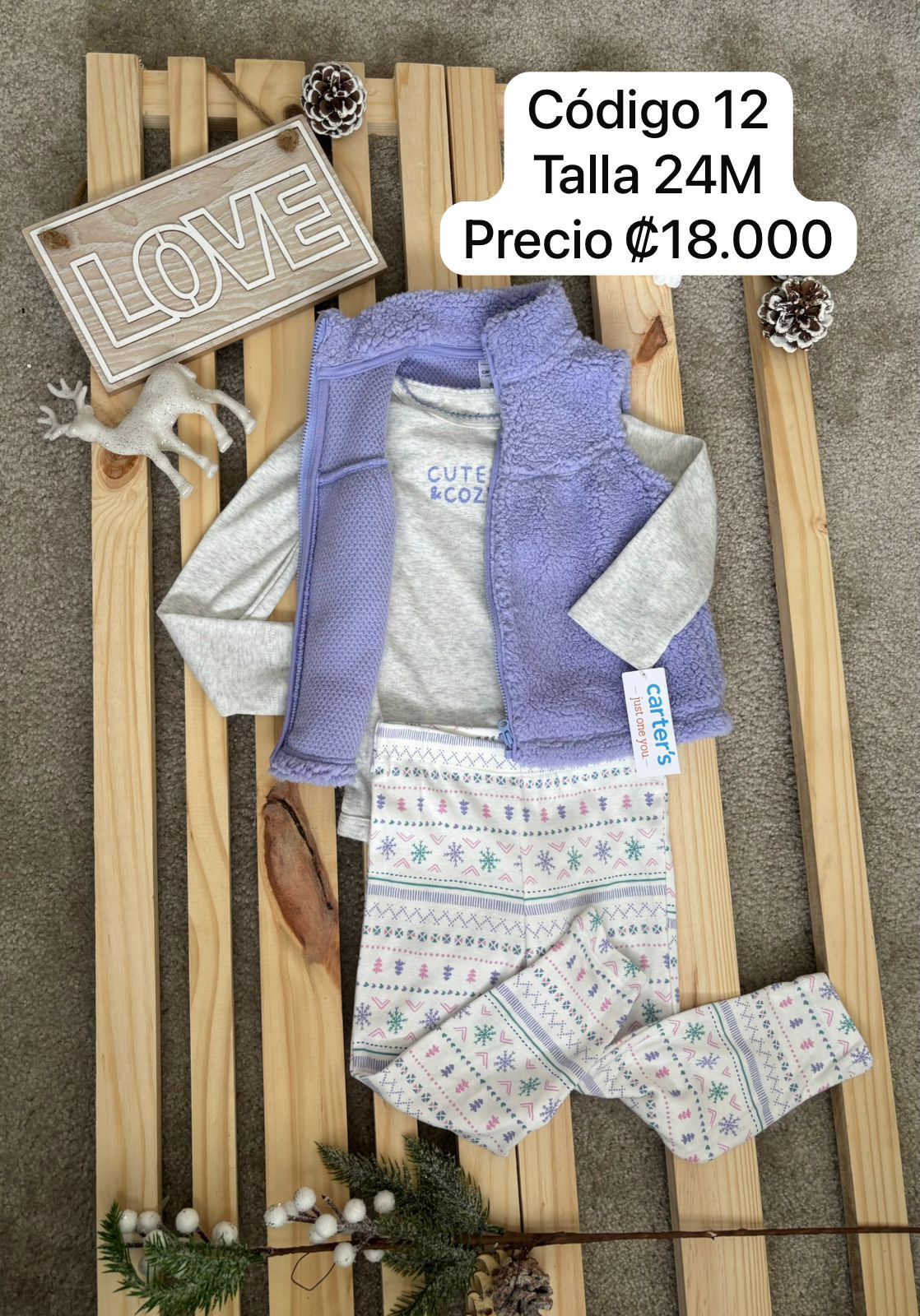 Conjunto 3 piezas Sweater Lila, Body Gris Cute & Cozy y Licra Navideña