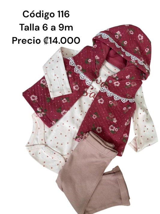 Conjunto 3 Piezas Pink (Pantalon, Body lunares, Chaleco flores rosa)